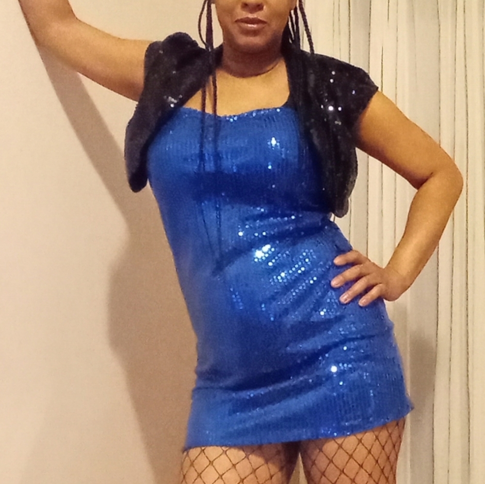 Strapless Blue Sequined Mini Dress (black jacket not included)